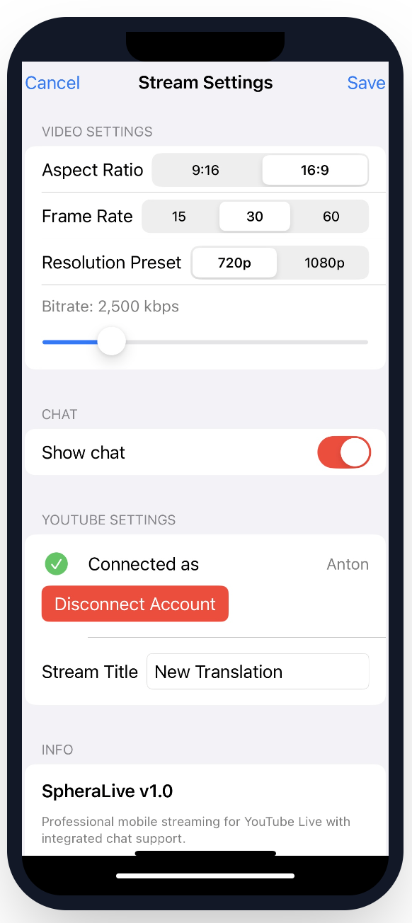 Stream setup interface